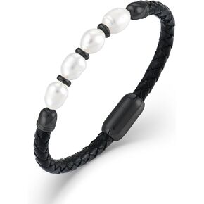 Freshwater Pearl Leather Bracelets for Men, Stainless Steel Braided Bracelet Woven Wristband for Men Women Jewelry Gifts