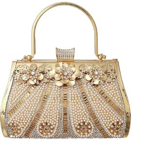 Women's Glitter Clutch Rhinestone Bead Pearl Evening Bag Gold Metal Purse for Party Wedding Bag