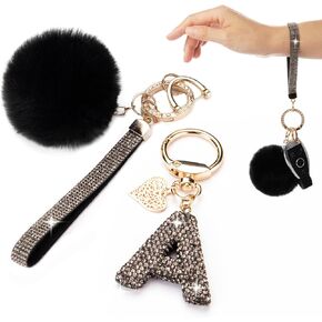 Initial Letter Keychain for Women Girl Bling Rhinestone Sparkly Bag Backpack Purse Charm Cute Car Pom Pom Key Chain Wristlet
