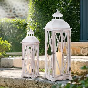 Extra Large Wooden Lanterns Decorative Set of 2: Farmhouse Candle Holder for Outdoor Garden Porch Patio Yard Indoor Fireplace Mantle, WashWhite Home Decor