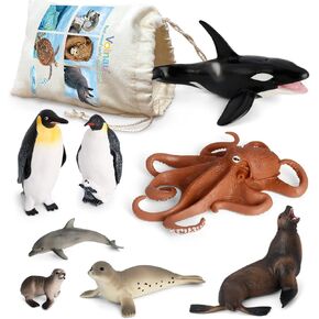 Volnau Sea Creature Toys Figures 8PCS Antarctica Ocean Animals Figurines for Toddlers Kids Christmas Decoration Fish Gift Plastic Preschool Pack and Bath Penguin Killer Whale Set