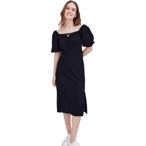 ASSUAL Womens Square Neck Midi Dress Short Puff Sleeve Side Split Smocked Back Casual Linen Dress for Summer