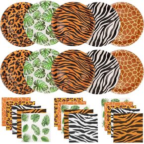 100Pcs Jungle Safari Wild Animal Party Supplies Disposable jungle zoo animal Print Paper Plates and Napkins for Birthday Party, Baby Shower and jungle safari theme party decorations