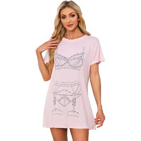 Women's Funny Lingerie Nightgown - Cute Print Short Sleeve Tshirt Sleepdress Cotton Sleepwear Casual Nightshirt