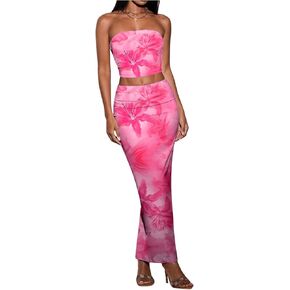 SOLY HUX Women's 2 Piece Skirt Sets Strapless Crop Tube Top Bodycon Maxi Skirt Summer Floral Outfits