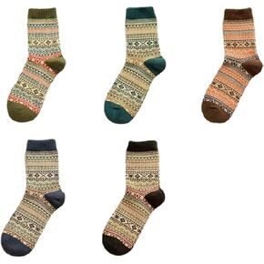 Calf Socks for Men 5 Pairs Vintage Color Printed Pattern Winter Cotton Thick Warm Casual Dress Argyle Striped