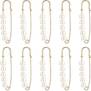 10 Pcs Faux Pearl Brooch Pins Women Decorative Safety Pins Clothing Shawl Clips Artificial Pearls Brooch Decorative Sweater Clips for Cardigans Pants Clothes