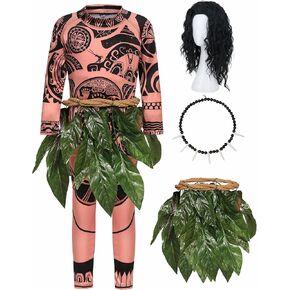 5 Pcs Maui Costume Kids Set with Wig Necklace Ocean Theme Cosplay Party Costume for Boys Printed Tattoos Shirt Pants