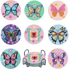 8 Pcs Diamond Art Coasters Kit for Adults,Diamond Painting Coaster Set with Holder, DIY Bead Art Craft, Paint by Diamonds Art Coasters, Small Mosaic Dot Paint by Diamonds Coaster Kits (Butterfly)