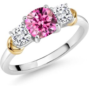 Gem Stone King 925 Sterling Silver and 10K Yellow Gold Pink Moissanite and White Moissanite 3 Stone Engagement Ring For Women (1.64 Cttw, Cushion Cut 6MM and 4MM, Available In Size 5, 6, 7, 8, 9)