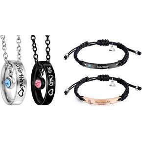 MJartoria Bundle - Matching Necklaces for Couples, His and Hers Engraved Rhinestone Ring Pendant Set and Personalized Couples Bracelets, Custom Matching Bracelets for Couples