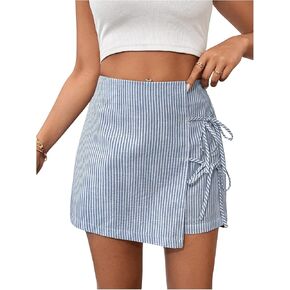 WDIRARA Women's Striped Print Knot Side Mini Shorts High Waist Asymmetrical Hem Short