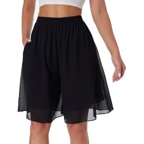 heipeiwa Women's Chiffon Bermuda Shorts Double Layered Summer Work Beach Wide Leg Culottes Dress Casual Shorts