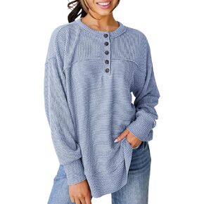 قمصان نسائية من BZB بأكمام طويلة ومتماسكة ومضلعة من Henley، قمصان تونيك للنساء فضفاضة مناسبة وسترات كبيرة الحجم in Kuwait