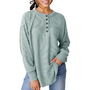 BZB Women's Long Sleeve Ribbed Knit Henley Shirts Tunic Tops for Women Loose Fit Dressy Oversized Sweatershirts