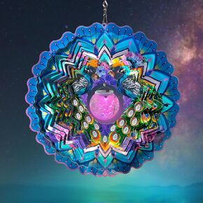 FONMY Solar Wind Spinner Mandala Peacock Christmas Decoration Worth Gift 3D Stainless Steel Hanging Wind Spinners Indoor/Outdoor Garden Décor Kinetic Yard Art 12 Inches Multi Blue Wind Sculpture