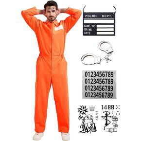 Prisoner Jumpsuit Men Costume Orange Prison Jail Inmate Halloween Costume Outfit Men Adult Prisoner Coatume Traje