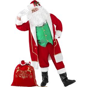 Santa Claus Costume for Men, 11pcs Deluxe Velvet Santa Suit Green Vest Adult Christmas Professional Xmas Outfit