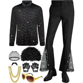 8 Pcs Disco Outfit Men 70s Costume with Retro Sequin Shirt and 80s Bell Bottom Pants, Men's Disco Outfit for Halloween