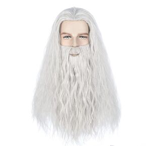WildCos Long Gray Wigs and Beard Cosplay Halloween Costume Wig for Men