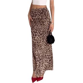 Women's Y2K Leopard Print Skirts Casual High Waisted Long Maxi Skirt Bodycon Skirt