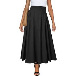 Women Maxi Skirt Flowy A Line High Waisted Long Skirts Pleated Ankle Length Slit with Pockets Zipper Closer