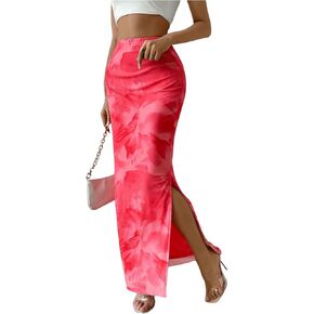 OYOANGLE Women's Tie Dye High Elastic Waist Bodycon Long Skirt Boho Split Side Maxi Skirts