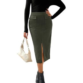 Kate Kasin Women's Corduroy Skirt High Waist Midi Skirt Split Hem Pencil Skirts with Pockets