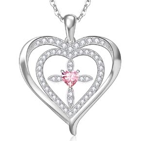 RIVIKO 925 Sterling Silver Cross Birthstone Necklace for Women,Love Heart Pendant Necklaces Trendy,Halloween Anniversary Christmas Jewelry Birthday Gifts for Women Wife Mother Friend