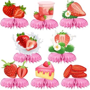 8PCS Strawberry Centerpieces, Strawberry Party Decorations Honeycomb Table Centerpieces, Perfect for Strawberry Theme Party Decor Strawberry Birthday Decorations Party Favors