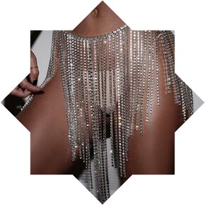 Boho Silver Body Chains Sexy Rhinestone Waist Chain Skirt Tassel Belly Chain Bikini Rave Nightclub Body Accessories for Women (L)