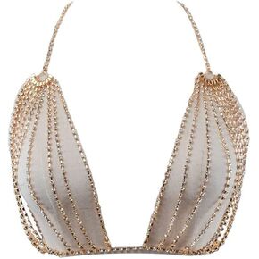 Foyte Boho Rhinestone Top Body Chain Gold Layered Bra Body Chain Sexy Crystal Bikini Chest Chain Nightclub Beach Body Jewelry Accessories for Women and Girls