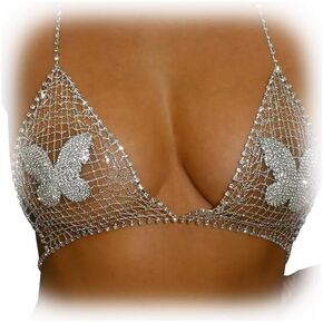 Rhinestone Mesh Bra Body Chain Butterfly Nipple Pasties Jewelry Festival Rave Crystal Underwear Body Jewelry Rhinestone Nipple Cover Stickers for Women
