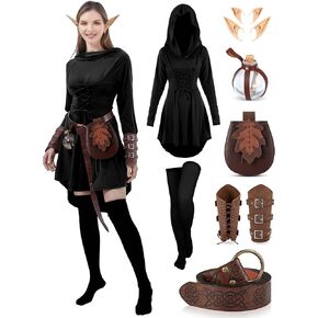 Women Renaissance Fairy Costume Set Medieval Vintage Hooded Robe Dress Elf Ears Accessories for Halloween Cosplay