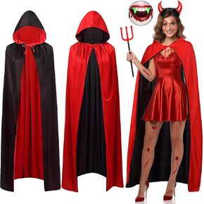MOVINPE Halloween Cloak Reversible Devil Costume Accessories for Women Reversible Devil Horns Headband Trident Vampire Teeth Glow in Dark Wound Face Gems Horror Tattoo Cosplay Costume Carnival Party