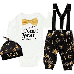 MIGU Baby boy New Year Outfit 2024 Happy New Year Baby Boy Outfit White Long-Sleeve Star Carrier Pants hat 3PCS Set