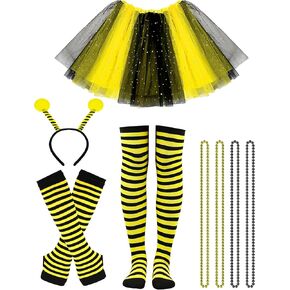 QLINLEAF Bee Tutu Costume Accessories Bee Bopper Antenna Headband Striped Knee Guards Thigh High Socks for Halloween Bee Birthday Themed Party Costume Cosplay Party Yellow