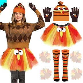 Ramede 4 Pieces Thanksgiving Turkey Trot Costumes Set for Women Includes Thanksgiving Holiday Tutus Turkey Hat Turkey Running Gloves Running High Socks Trot Cosplay Party Accessories