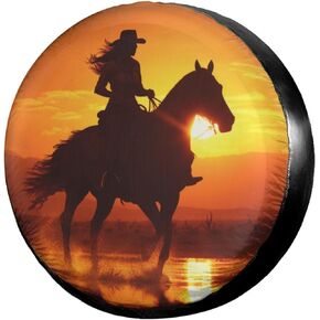 Foruidea Cowgirl On Horse Sunset Spare Tire Cover Dust-Proof Wheel Tire Cover Fit Trailer, RV, SUV and Many Vehicle 15 Inch