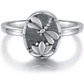 Dragonfly Urn Ring for Ashes - 925 Sterling Silver Lotus Cremation Rings Open Oval Jewelry Animal Memorial Keepsake Gifts for Women with W/Funnel Filler Tool