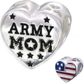 Army Mom Bead Charm USA Flag Heart Bead Sterling Silver (E10310)