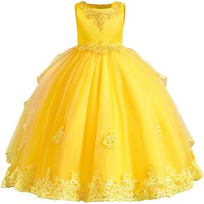 Puffy Dresses for Girls: Flower Girls Sleeveless Floral Lace Tulle Princess Puffy Tulle Dress Bridesmaid Wedding Communion Party Pageant Birthday Maxi Formal Evening Ball Gown for Kids Yellow 3-4T