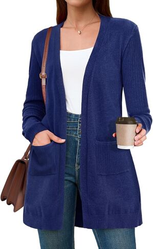 كنزة صوفية BB&KK للنساء عصرية مضلعة بأكمام طويلة مفتوحة من الأمام متماسكة كاجوال للخريف ملابس خارجية منفضة مع جيوب in Kuwait