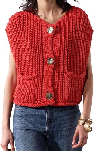 Women's Fashionable Sleeveless Short Knitted Sweater Vest Button Cardigan with Pockets in Saudi Arabia