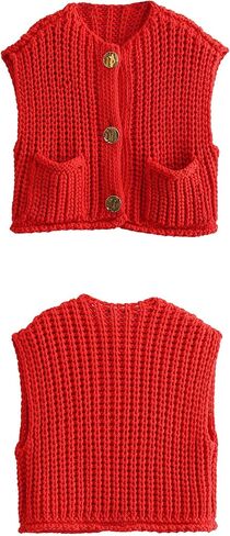 Women's Fashionable Sleeveless Short Knitted Sweater Vest Button Cardigan with Pockets in Saudi Arabia