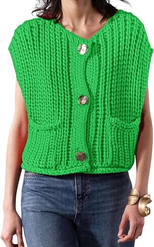 Women's Fashionable Sleeveless Short Knitted Sweater Vest Button Cardigan with Pockets in Saudi Arabia