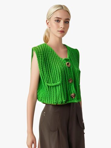 Women's Fashionable Sleeveless Short Knitted Sweater Vest Button Cardigan with Pockets in Saudi Arabia