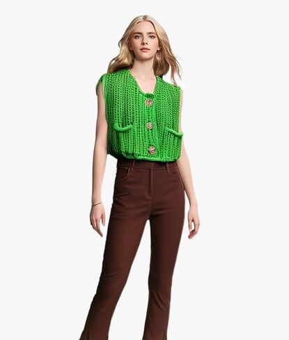 Women's Fashionable Sleeveless Short Knitted Sweater Vest Button Cardigan with Pockets in Saudi Arabia