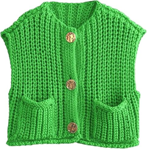 Women's Fashionable Sleeveless Short Knitted Sweater Vest Button Cardigan with Pockets in Saudi Arabia