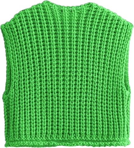 Women's Fashionable Sleeveless Short Knitted Sweater Vest Button Cardigan with Pockets in Saudi Arabia